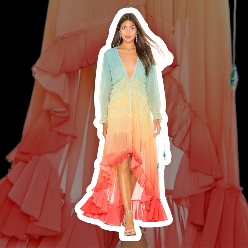 NWT Rococo Sand Ciel Ruffled Tassel Dress in Ombré Rainbow